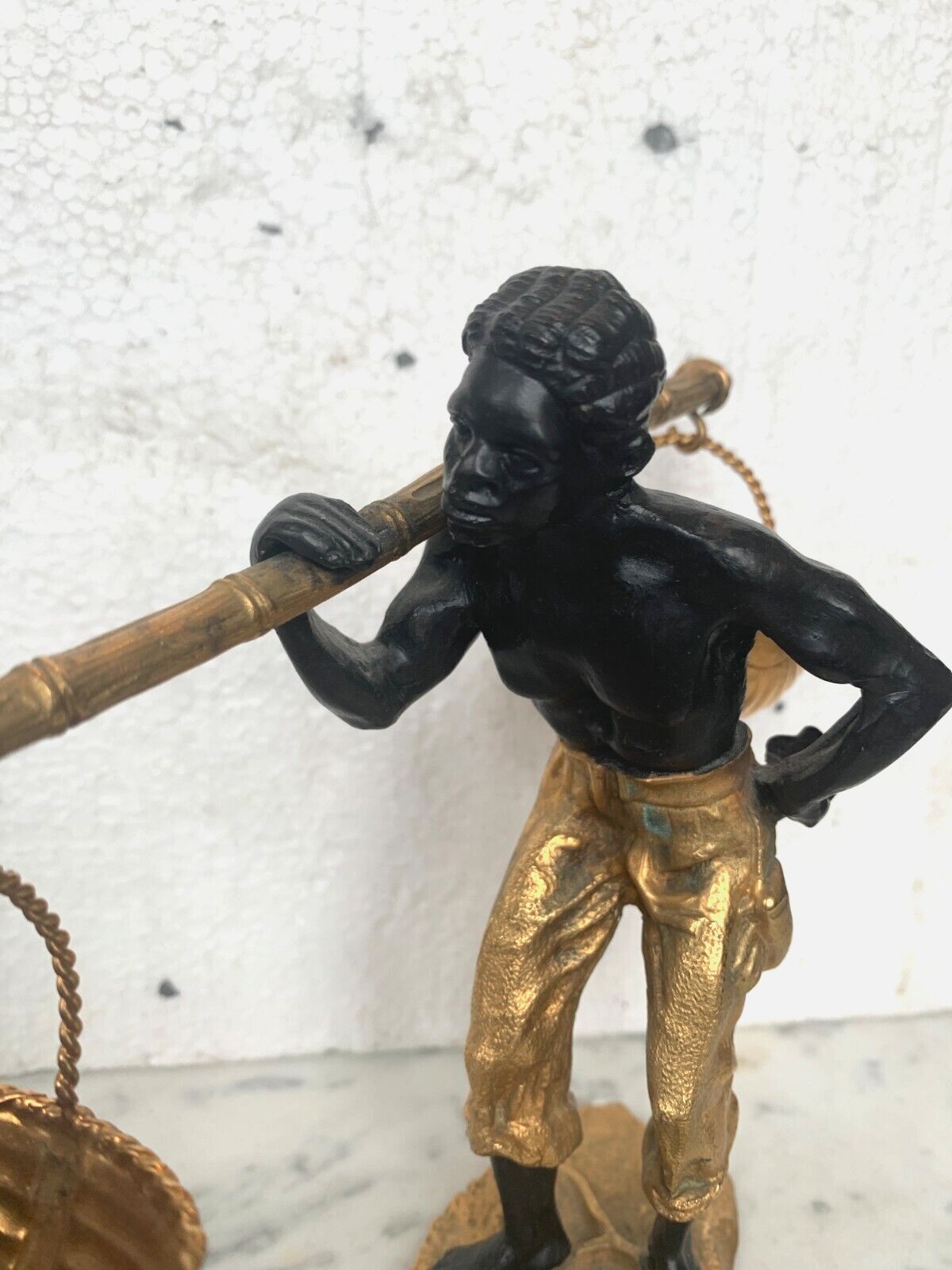 Bronze Group With Double Patina "Man With Basket Pendulum" 20th Century photo vintage