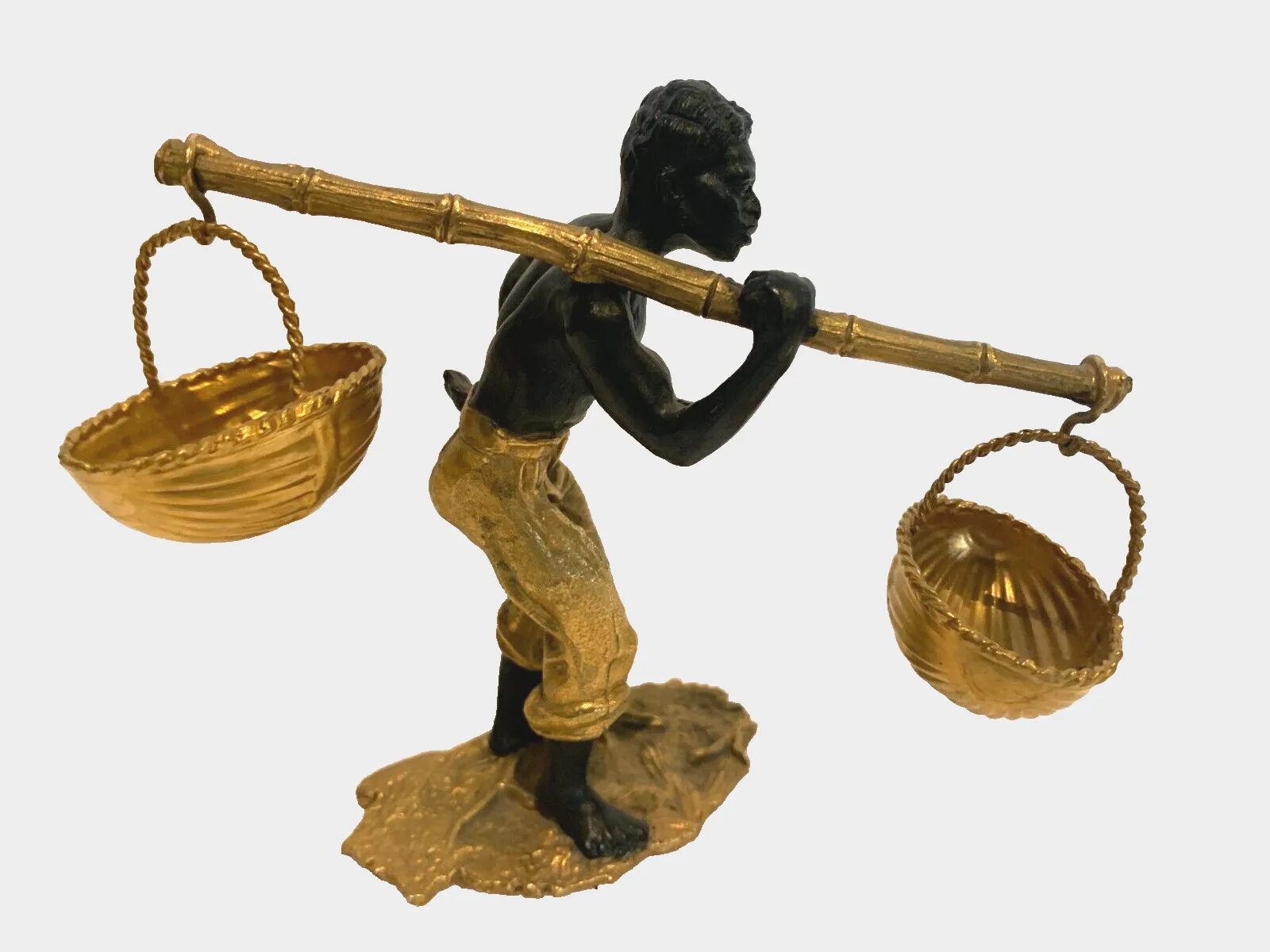 photo furniture Bronze Group With Double Patina "Man With Basket Pendulum" 20th Century
