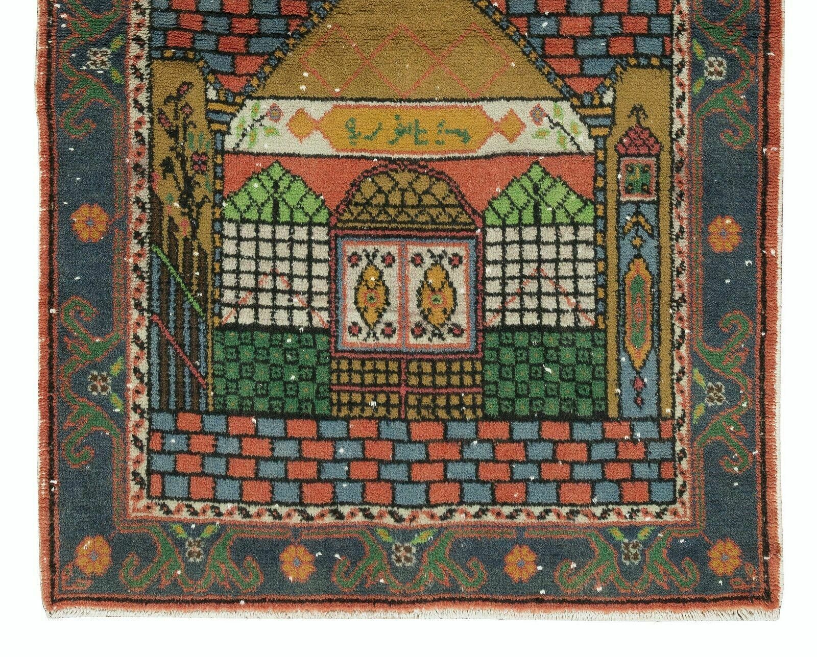 Handmade 1960s Prayer Rug With Mosque Motif, Turkish Wool Accent Rug photo 348.0