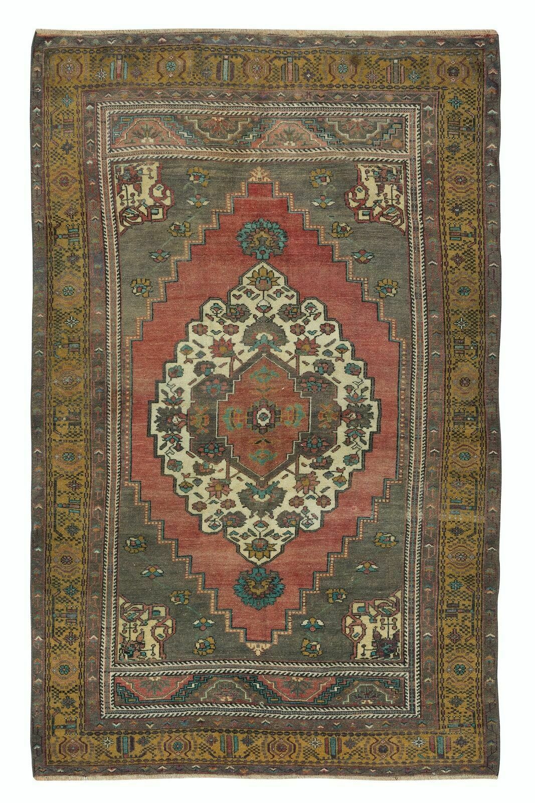 5x8.2 Ft Vintage Handmade Turkish Tribal Rug With Geometric Medallion Design