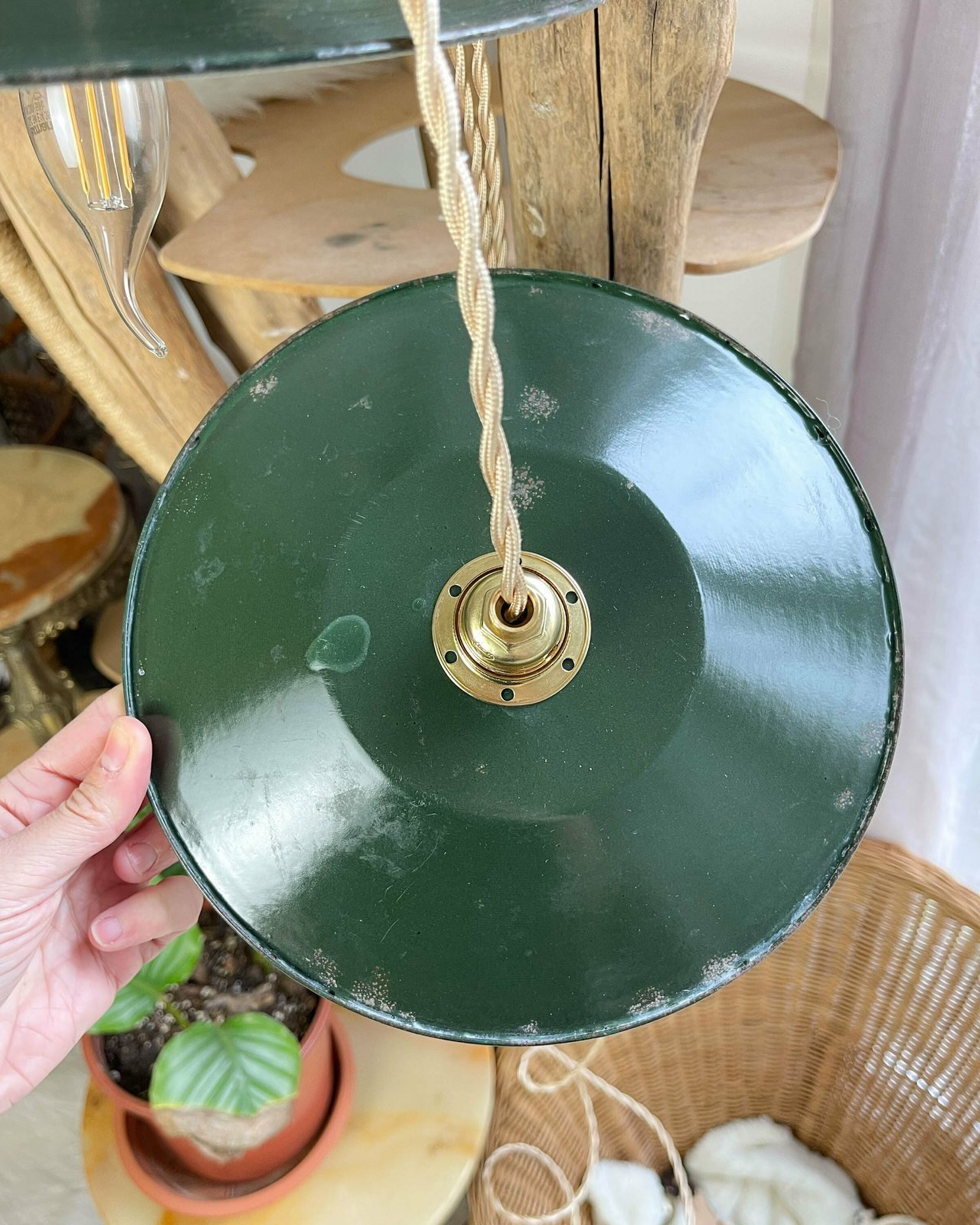 Vintage Lampshade In Customizable Green Enameled Sheet Metal   Vintage Industrial Style Light Pendant Light   Old Sheet Metal Lampshade photo Lighting