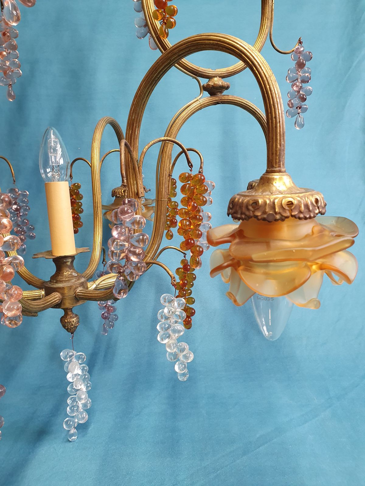 Large French Chandelier With Glass Bunches Of Grapes photo vintage