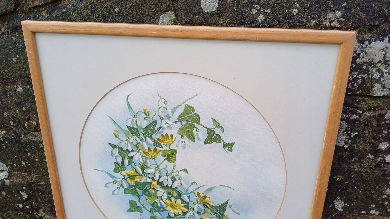Vintage Original Watercolour Of Snowdrops And Jasmine By J.M.M.   Beautiful Water Colour Painting Of Early Spring Flowers In A Vintage Frame photo Art