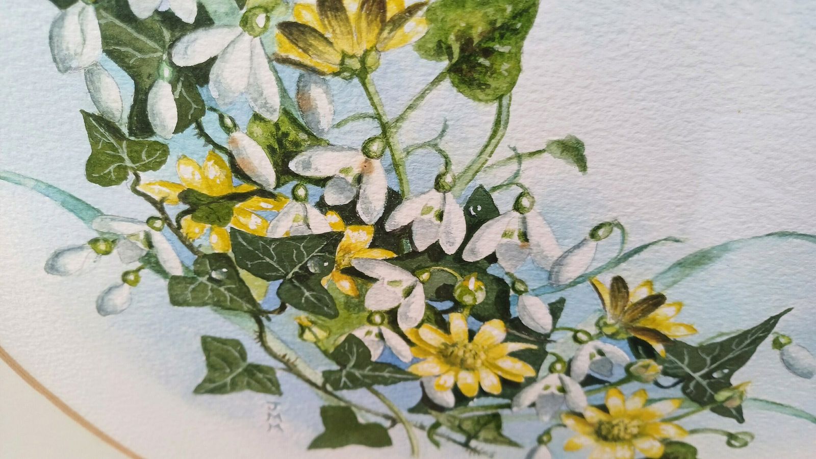 Vintage Original Watercolour Of Snowdrops And Jasmine By J.M.M.   Beautiful Water Colour Painting Of Early Spring Flowers In A Vintage Frame photo vintage