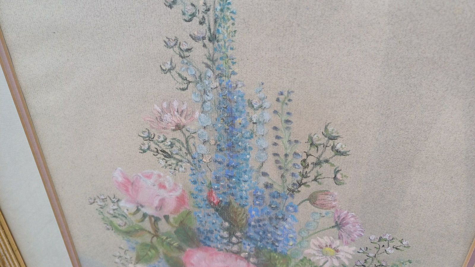Beautiful Large Vintage 90s Original Still Life Pastel ‘Rose And Delphiniums’ photo vinterior