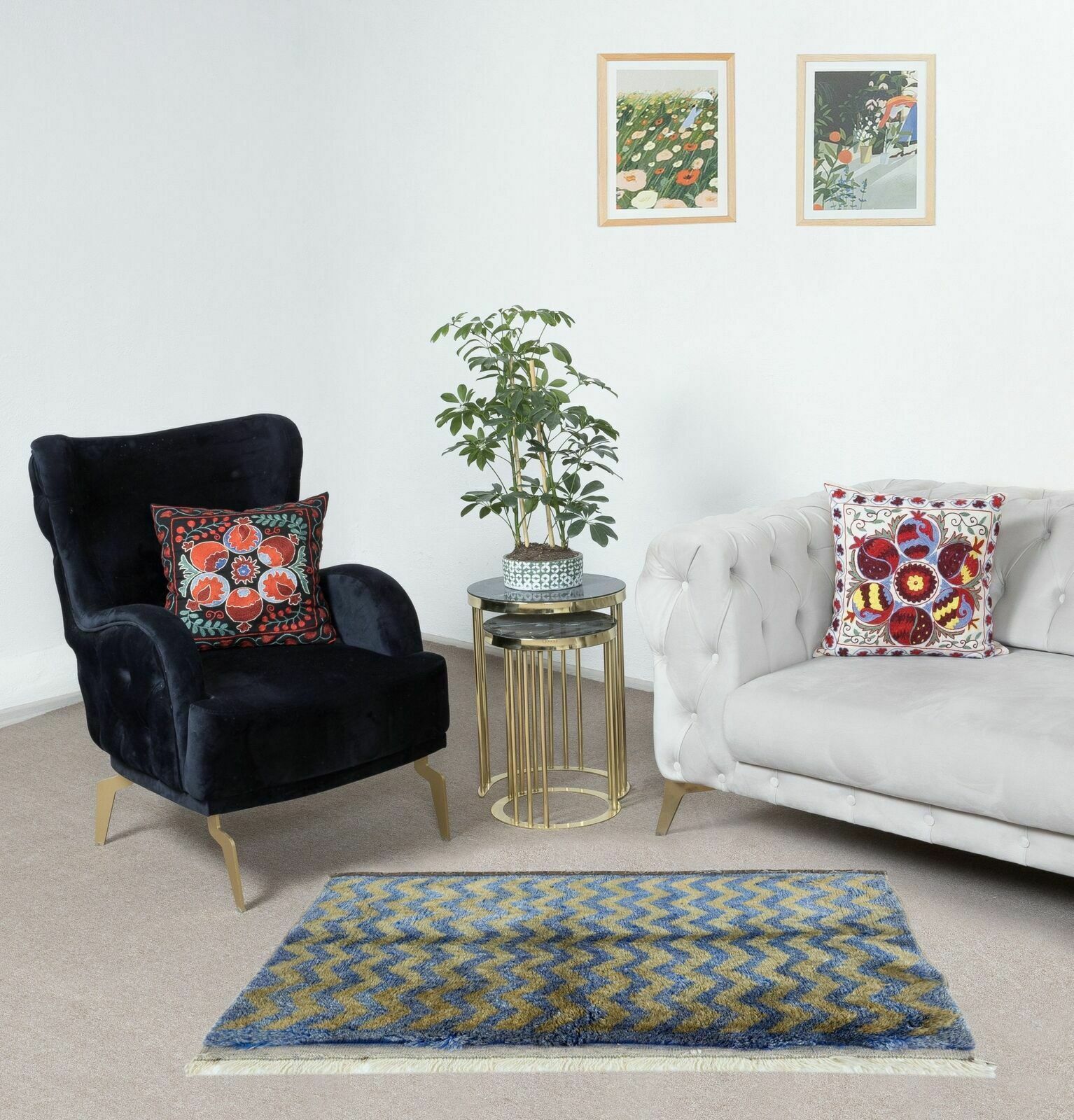 2.2x4.3 Ft 1970s Handmade Turkish Blue Tulu Rug With Light Brown Zig Zag Design photo furniture