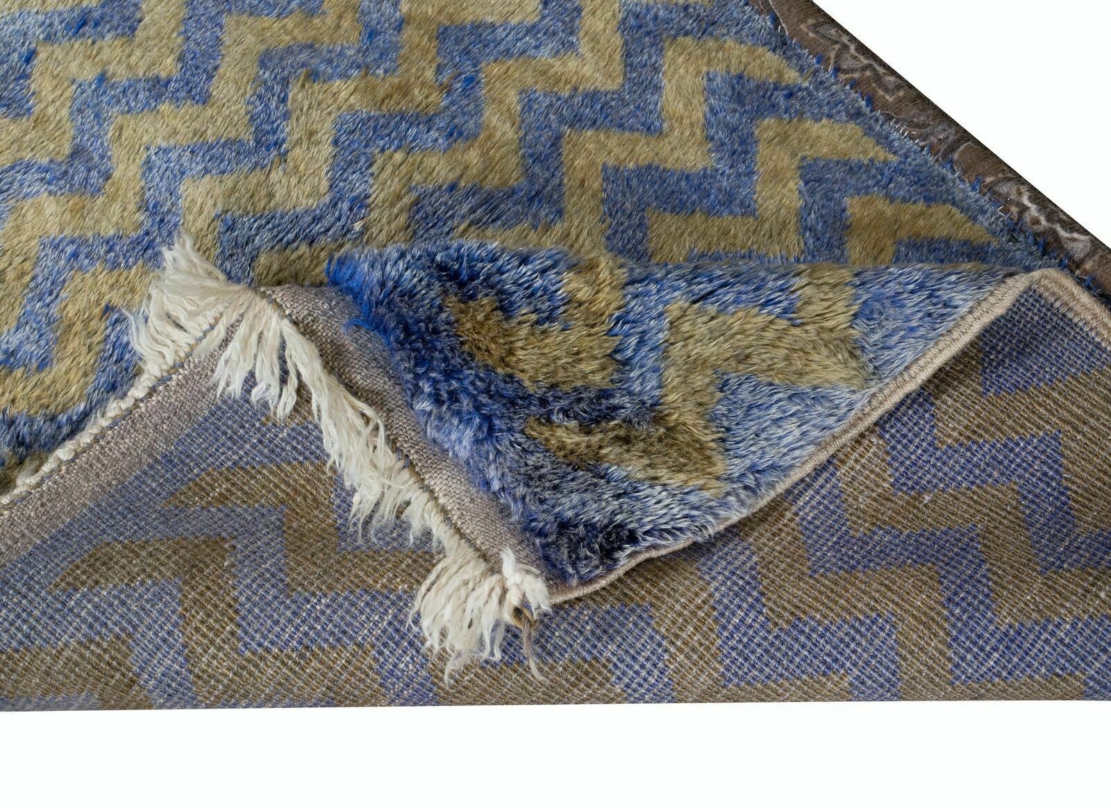 2.2x4.3 Ft 1970s Handmade Turkish Blue Tulu Rug With Light Brown Zig Zag Design photo for sale