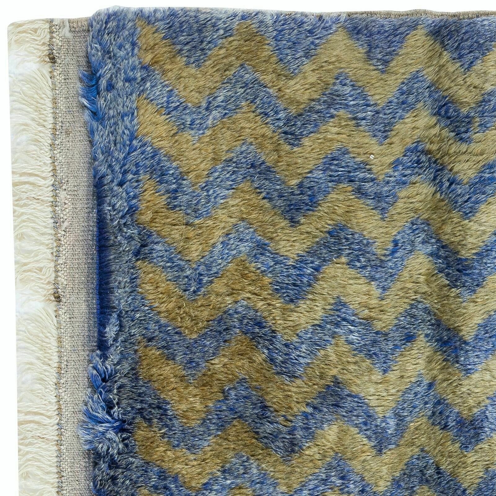 2.2x4.3 Ft 1970s Handmade Turkish Blue Tulu Rug With Light Brown Zig Zag Design photo Textiles