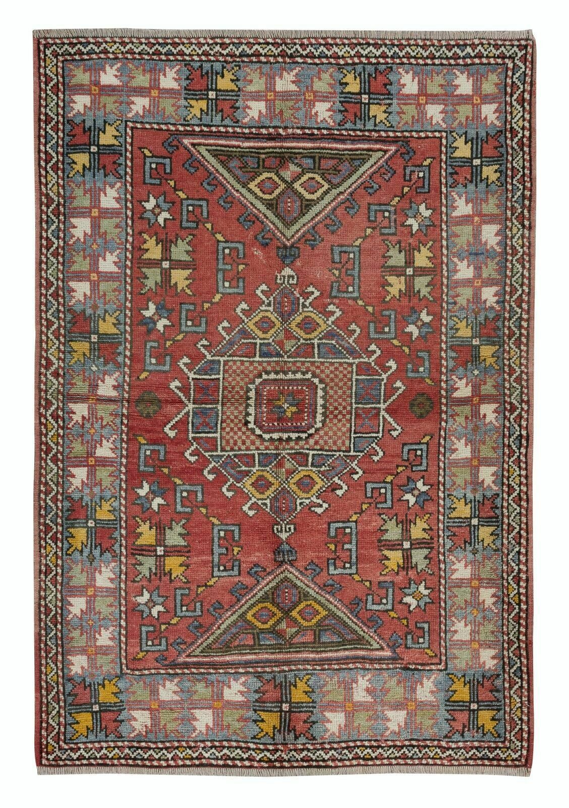4x5.8 Ft Handmade Geometric Medallion Design Rug, Vintage Turkish Red Carpet