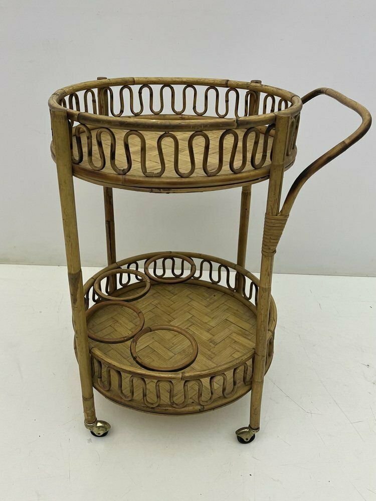 Round Bohemian Trolley In Bamboo And Wicker Attributed To Franco Albini, 1960s photo for sale