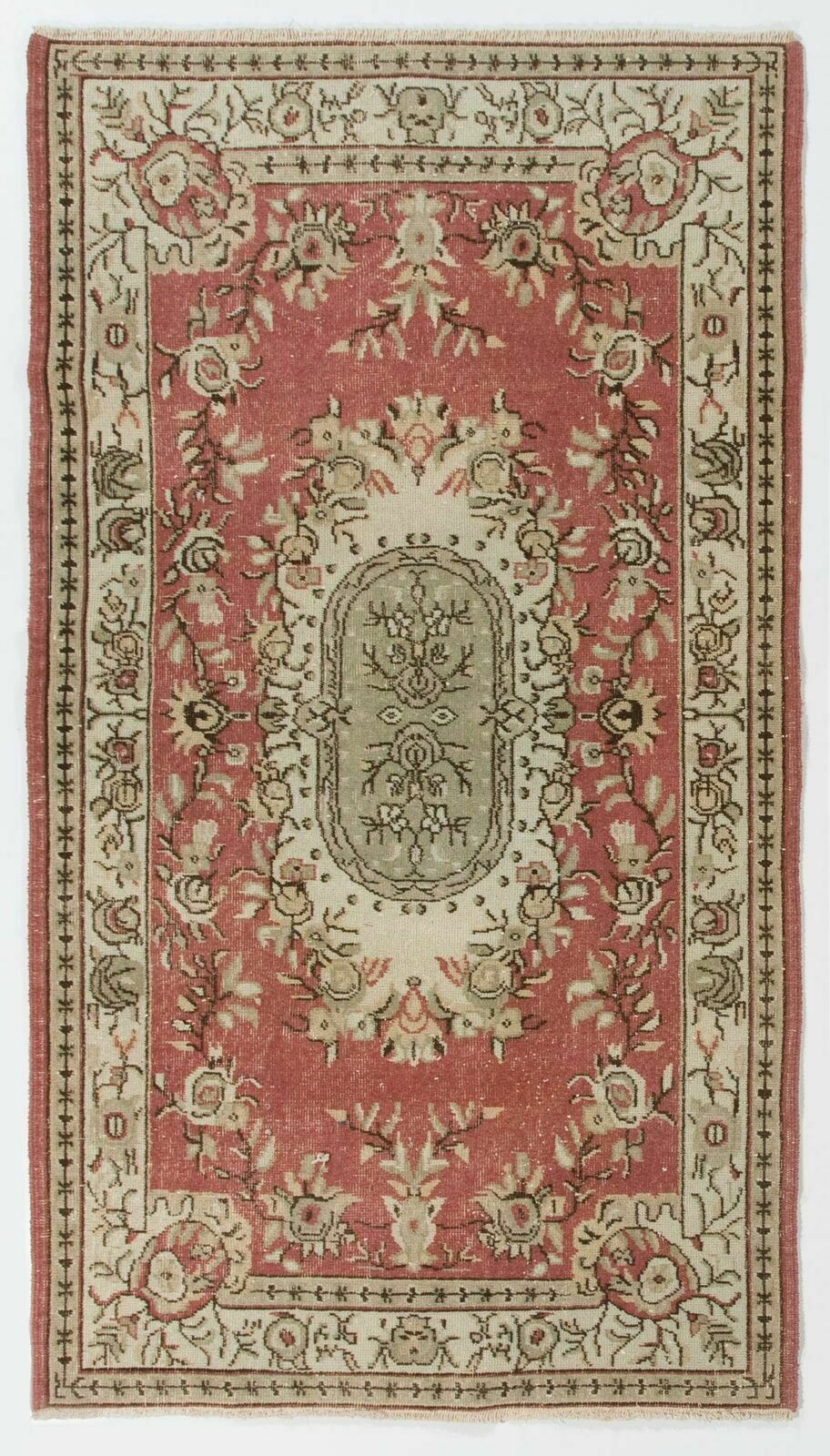 118x210 Cm One Of A Pair Vintage 1960s Turkish Hand Knotted Rug In Red, Beige, Ivory