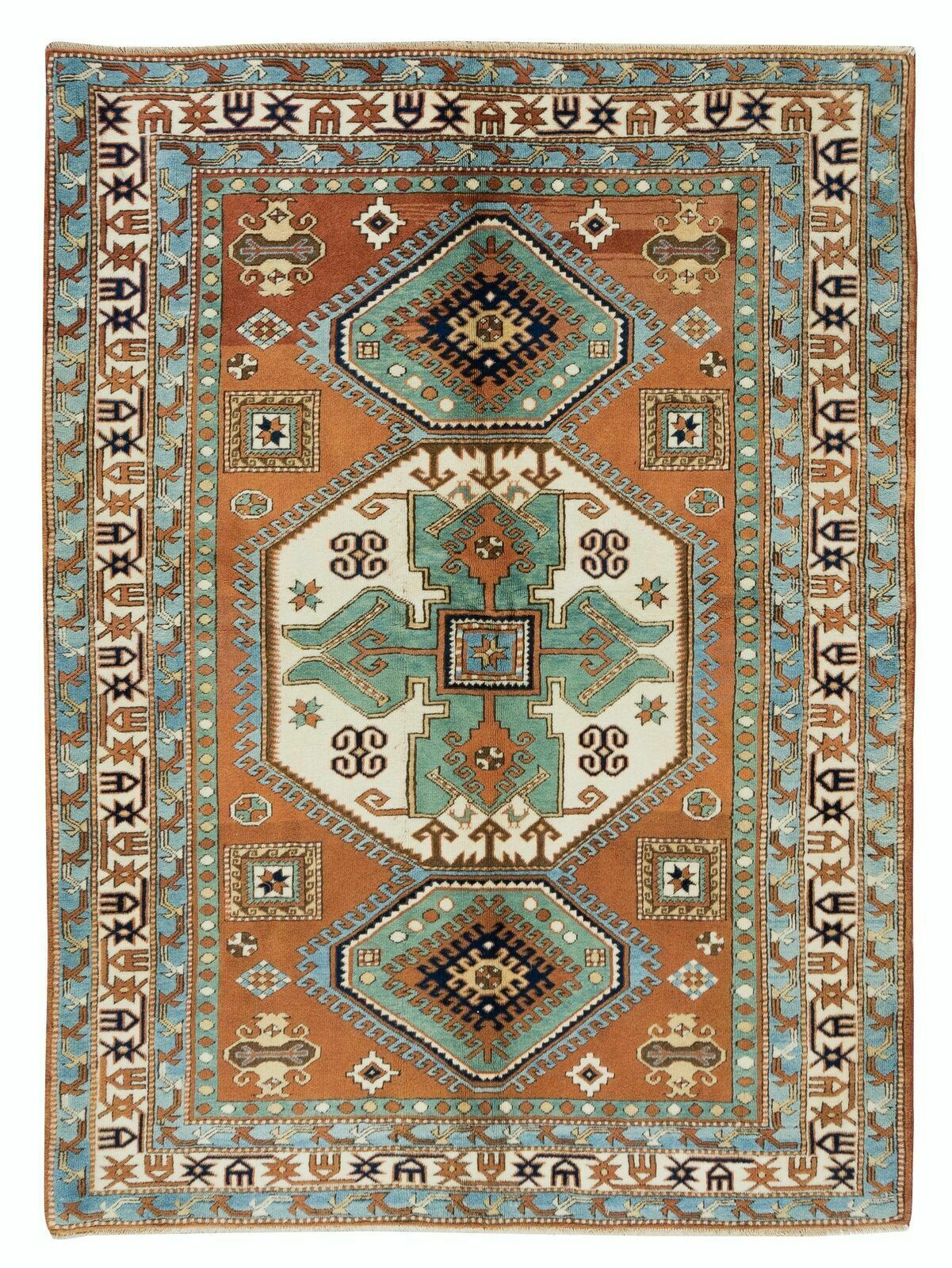 4.8x6.6 Ft Tri Medallion Vintage Turkish Wool Area Rug For Office & Home Decor