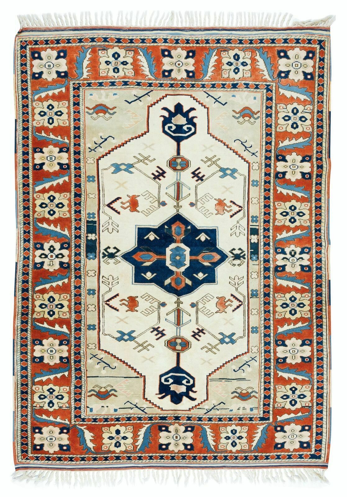 Mid Century Hand Knotted Turkish Geometric Pattern Wool Area Rug