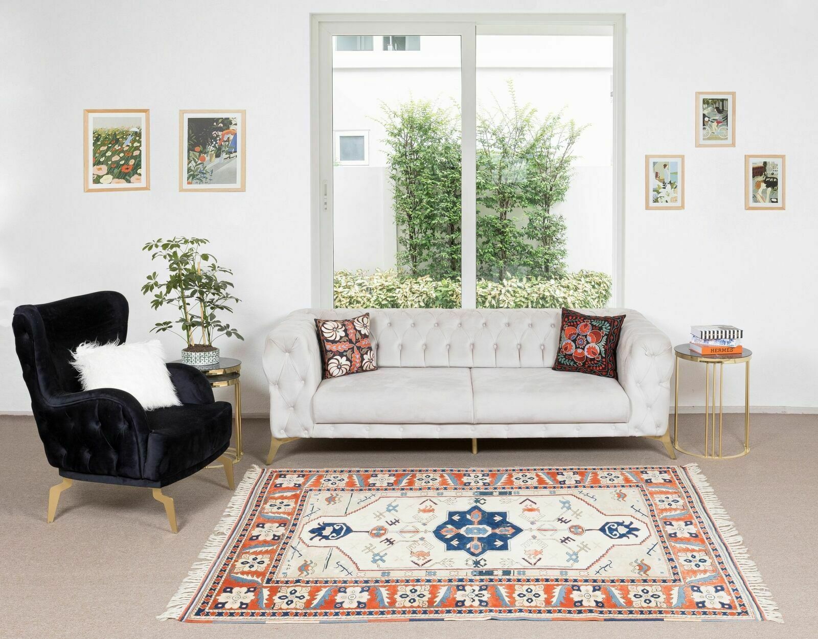 Mid Century Hand Knotted Turkish Geometric Pattern Wool Area Rug photo furniture