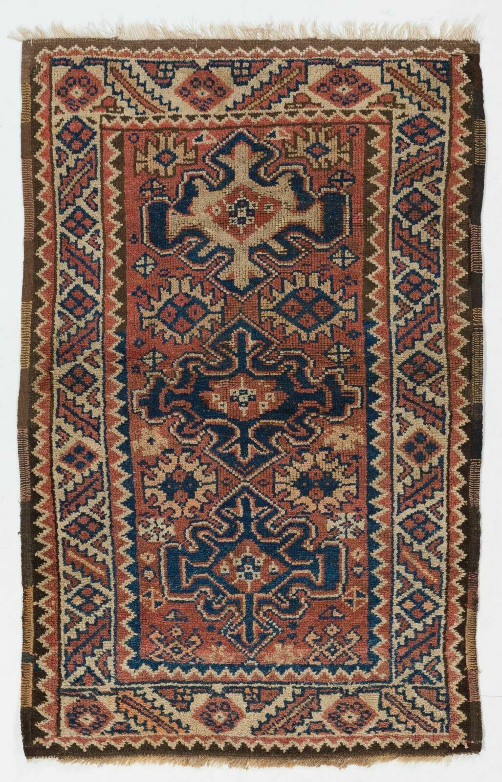 Mid Century Handmade Anatolian Wool Rug With Geometric Tri Medallions