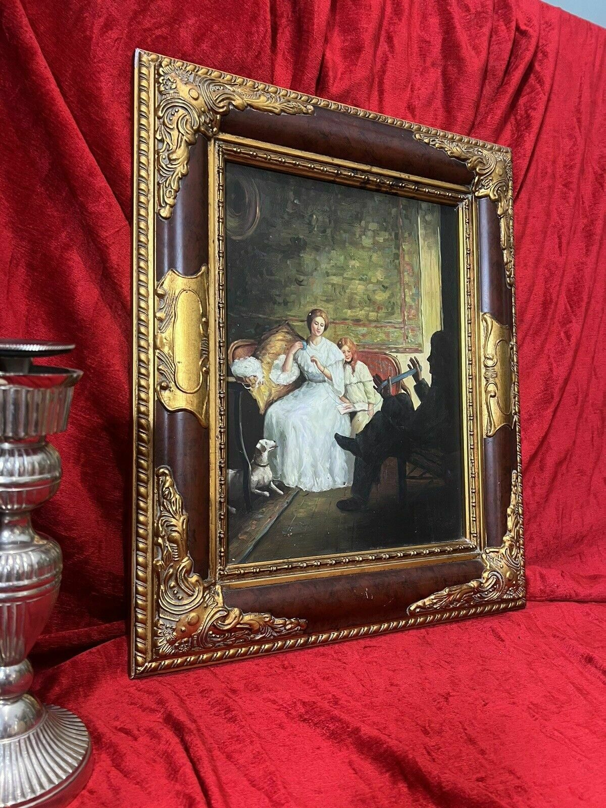 photo for sale 20th Century Victorian Family Interior Scene Of 'Winding Wool' Oil Painting