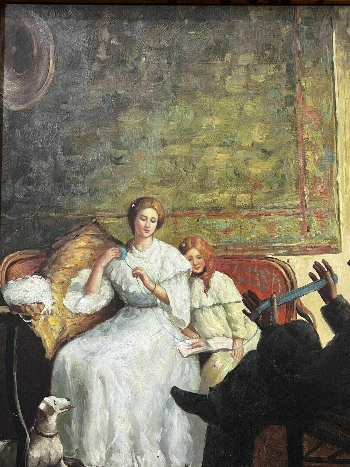 photo vinterior 20th Century Victorian Family Interior Scene Of 'Winding Wool' Oil Painting