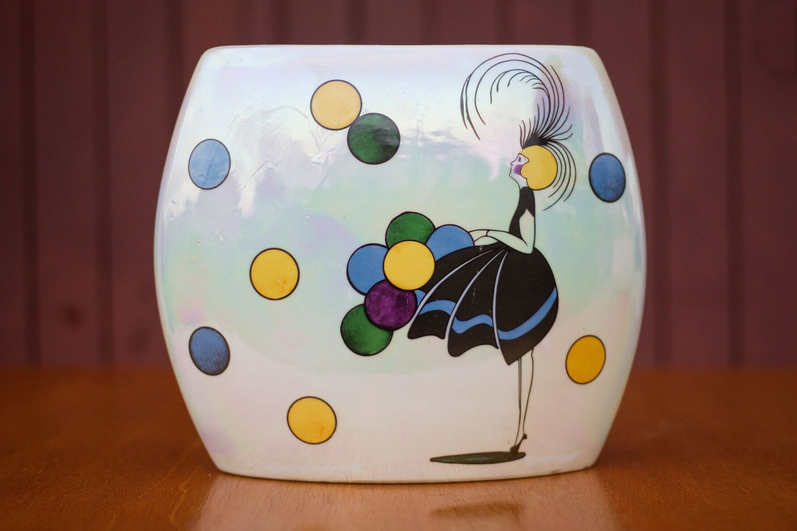 Pair Of Flat Iridescent Ceramic Vase With Girl Motif With Polychrome Balloons, Art Deco Vase, Interior Decoration, 40's photo buy