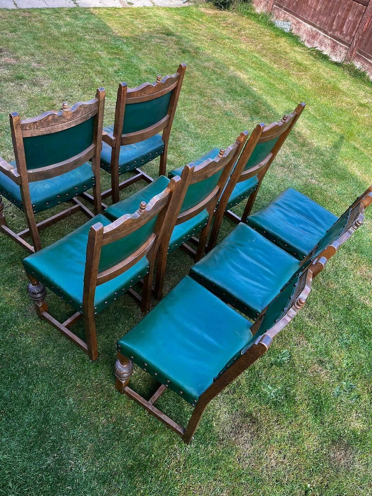 Set Of 8 Solid Antique Carved Dining Chairs Made Up Of 2 Carvers And 6 Chairs In Green Leather photo Furniture