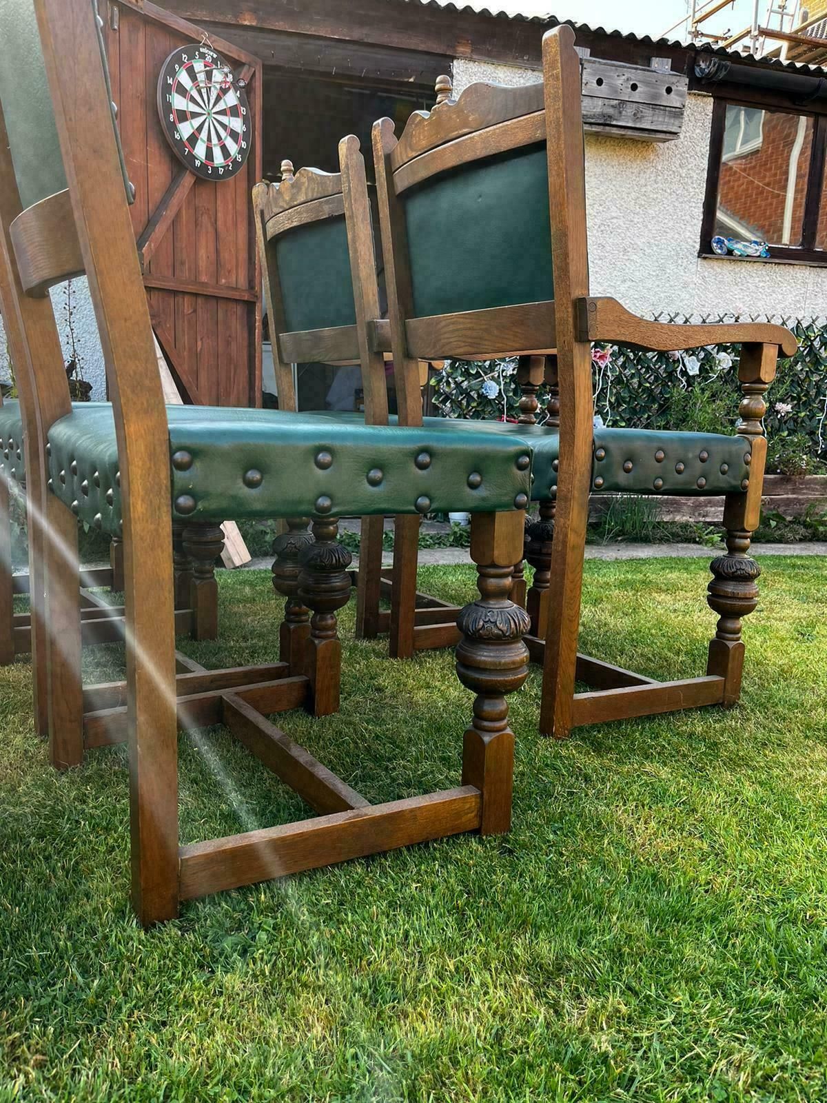 Set Of 8 Solid Antique Carved Dining Chairs Made Up Of 2 Carvers And 6 Chairs In Green Leather photo buy