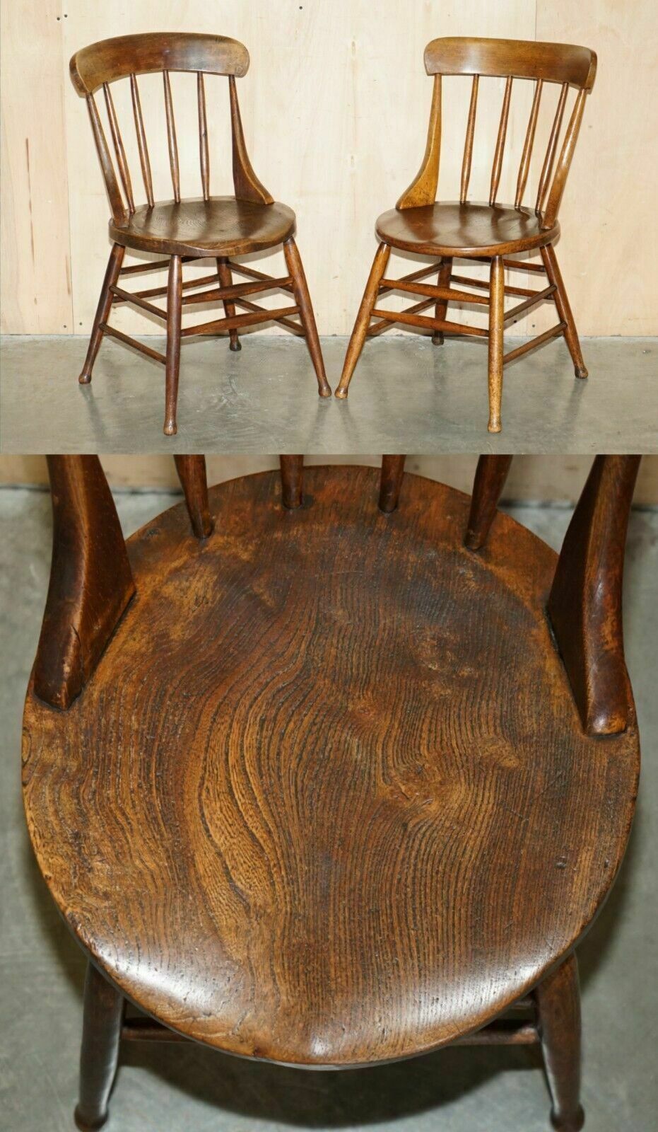 Pair Of Antique English Elm Windsor Stick Back Chairs Stamped Lea Hall Infantry