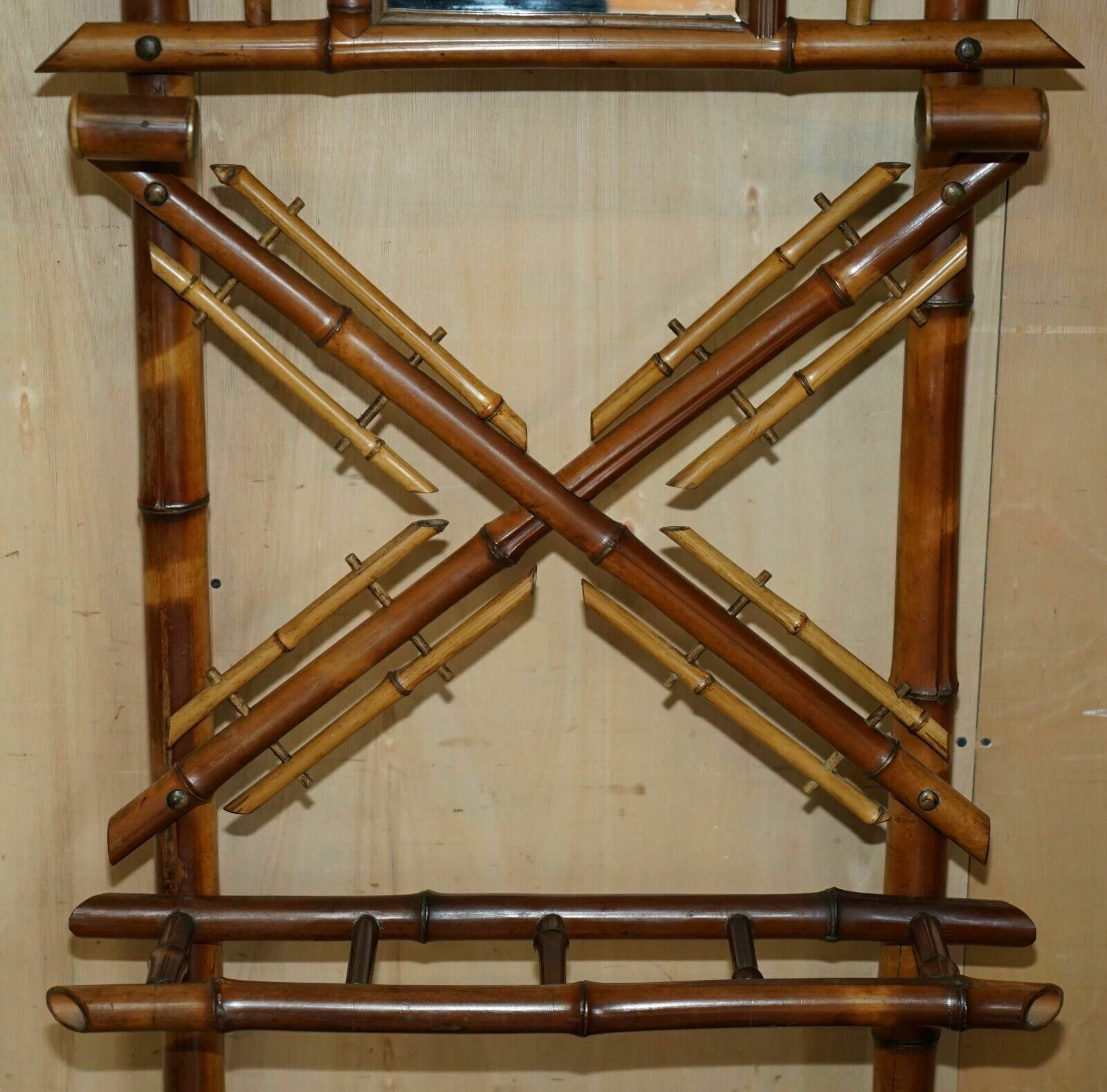 Antique Circa 1920's Art Deco Bamboo Hat Coat Gloves & Scarf Rack With Mirror photo vintage
