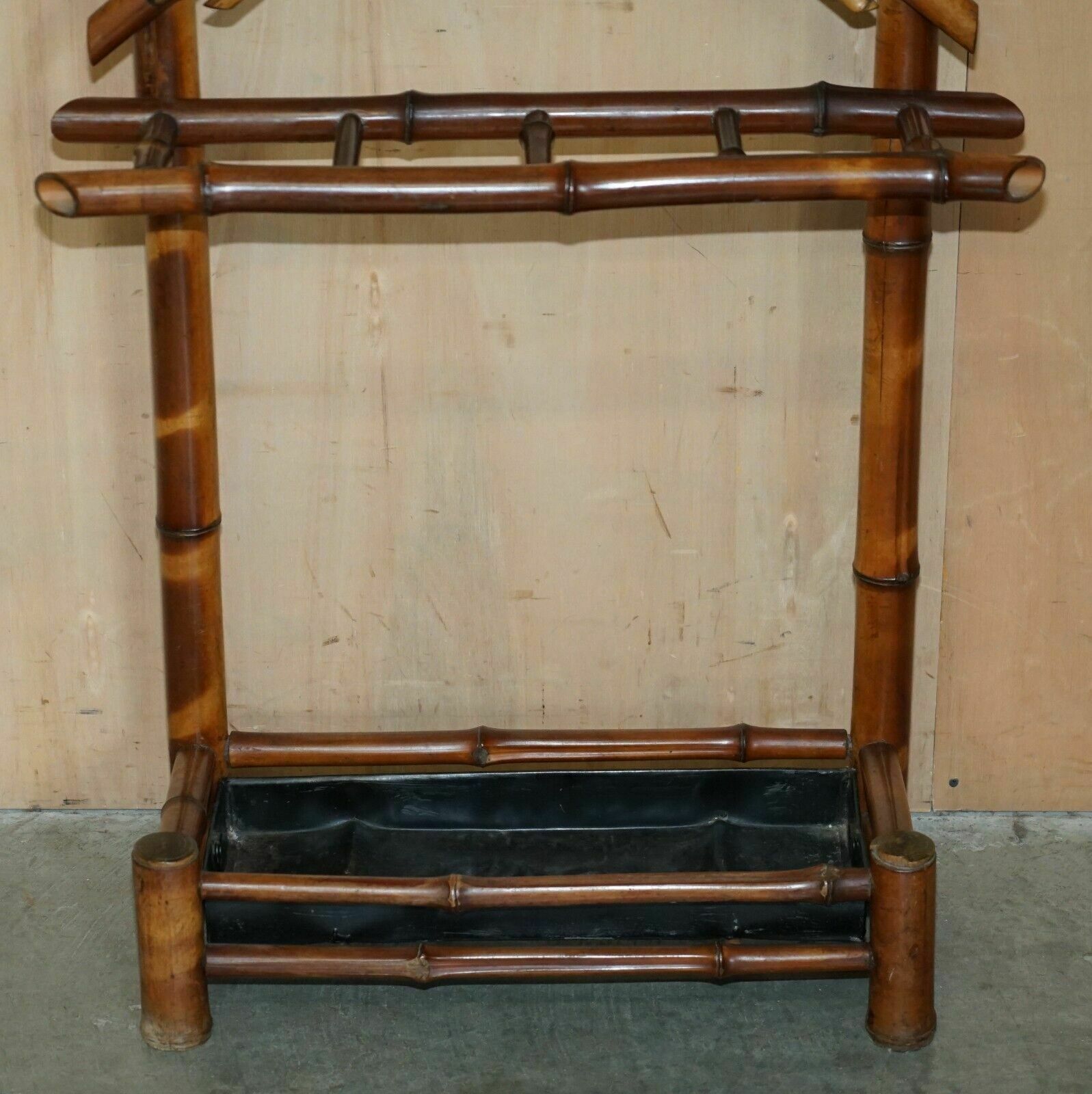 photo for sale Antique Circa 1920's Art Deco Bamboo Hat Coat Gloves & Scarf Rack With Mirror
