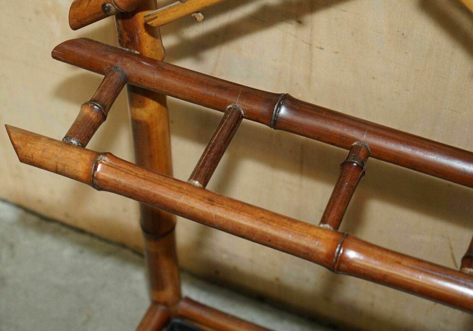 850.0 Antique Circa 1920's Art Deco Bamboo Hat Coat Gloves & Scarf Rack With Mirror photo