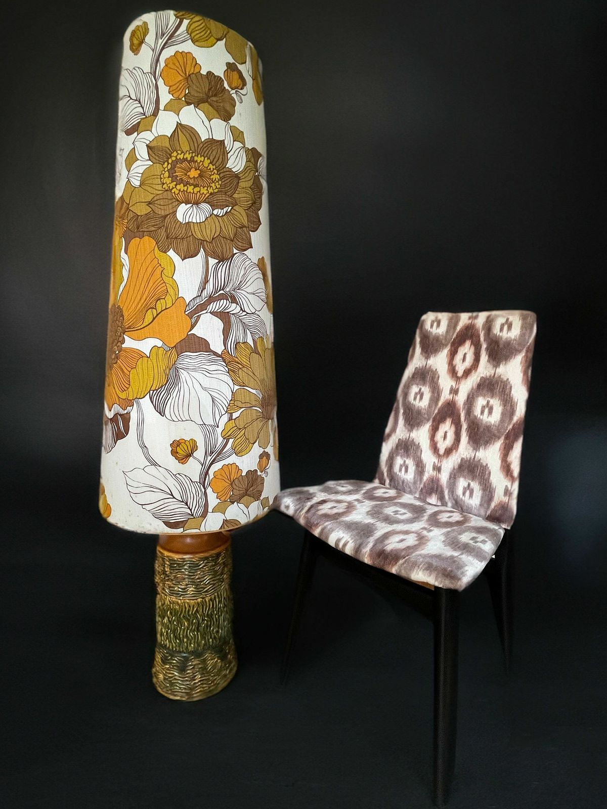 Stunning West German Pottery Floor Lamp With Original Seventies Large Scale Floral Print Lampshade photo buy