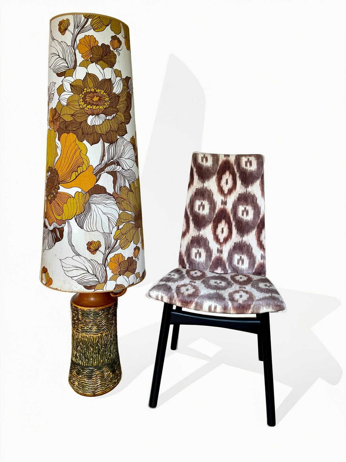 photo furniture Stunning West German Pottery Floor Lamp With Original Seventies Large Scale Floral Print Lampshade