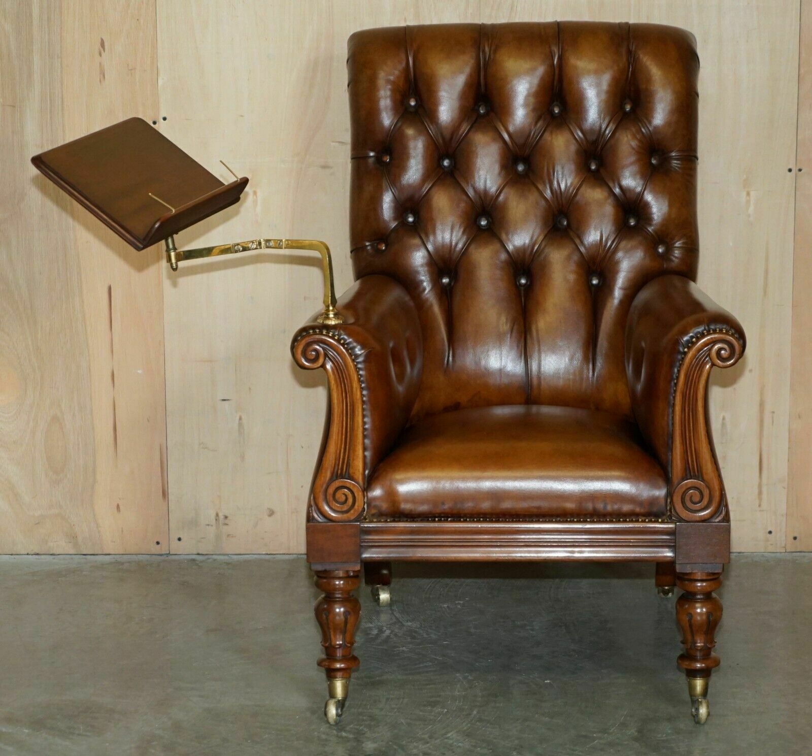 Restored Antique William IV Chesterfield Brown Leather Armchair + Writing Slope photo furniture