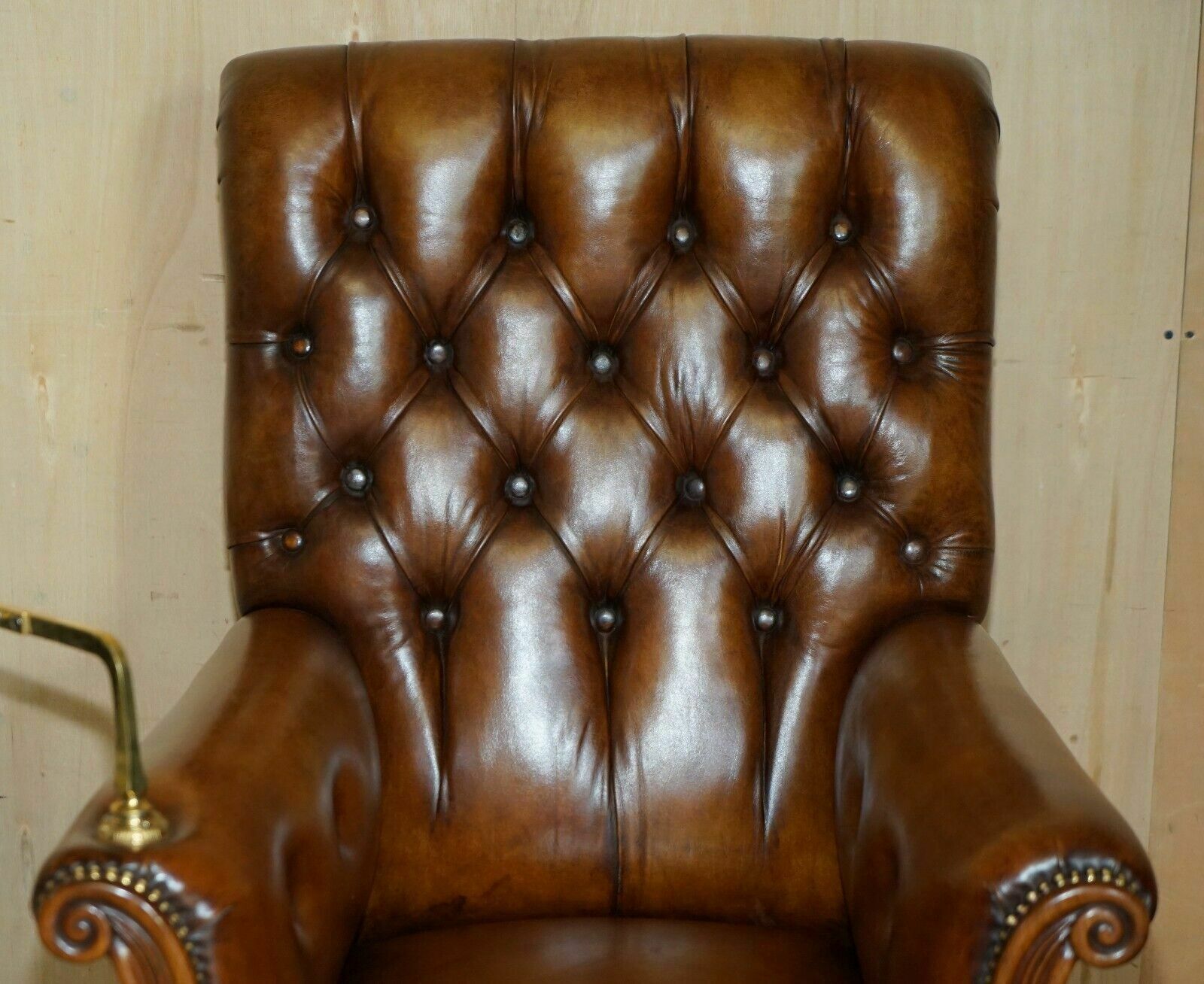 Restored Antique William IV Chesterfield Brown Leather Armchair + Writing Slope photo for sale