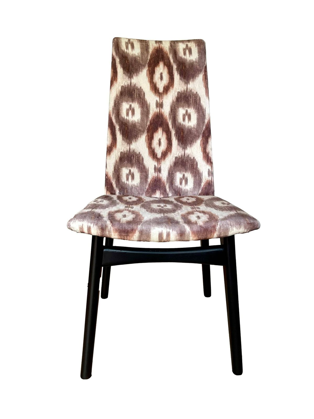 photo furniture Two Accent Mid Century Teak Framed Chairs Reupholstered In Seventies Inspired Velvet Ikat Print.