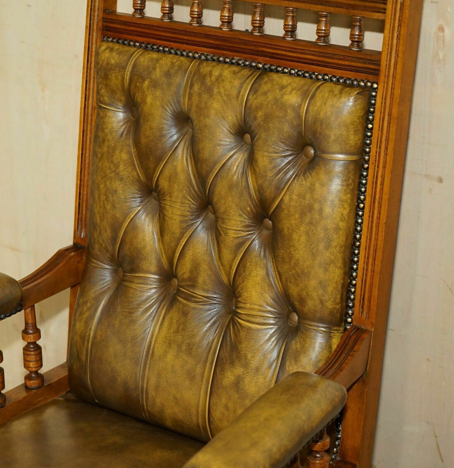 Stunning Vintage Chesterfield Tufted Petrol Brown Leather Library Armchair photo Furniture
