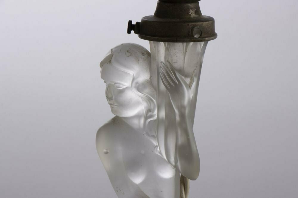 Art Deco Glass Table Lamp Of A Female Nude Holding A Torcher Lamp, British C.1930 photo for sale