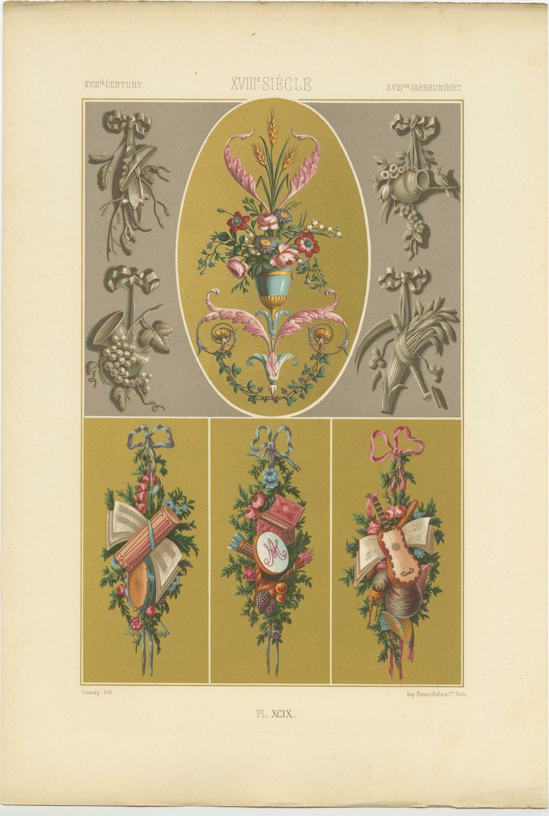 Pl. 99 Antique Print Of Xviiith Century Ornaments By Racinet, Circa 1890 photo for sale