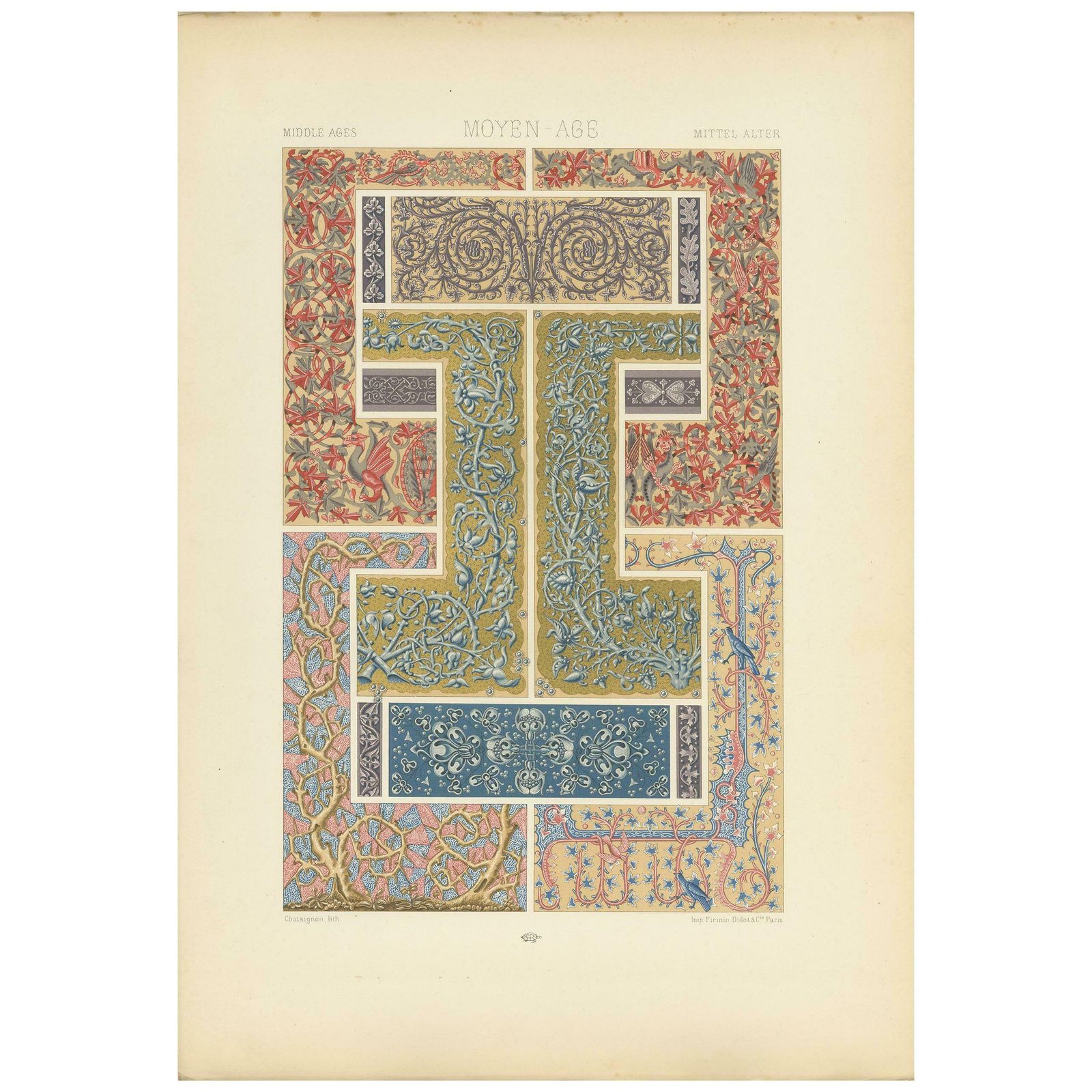 Pl. 57 Antique Print Of Middle Ages Plant Motifs By Racinet, Circa 1890