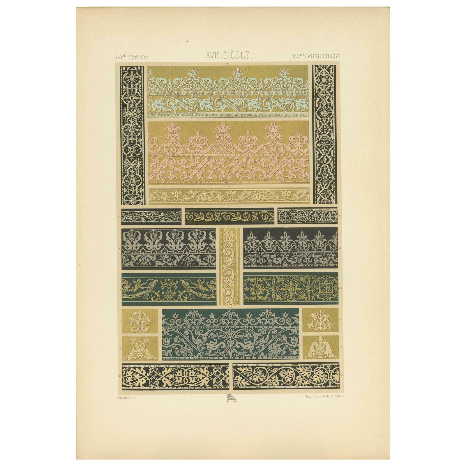 Pl. 101 Antique Print Of 16th Century Lace Motifs By Racinet, Circa 1890