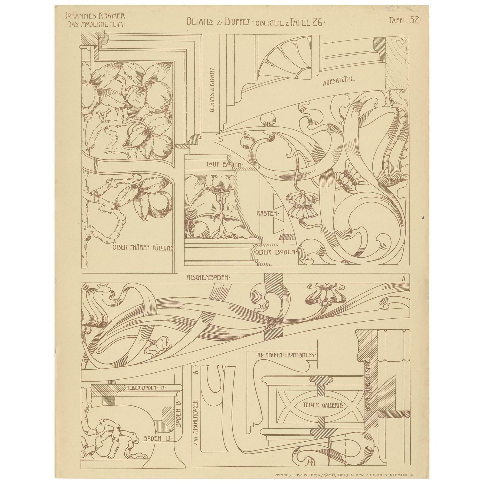 Pl. 32 Antique Print Of Details Of A Buffet By Kramer, Circa 1910