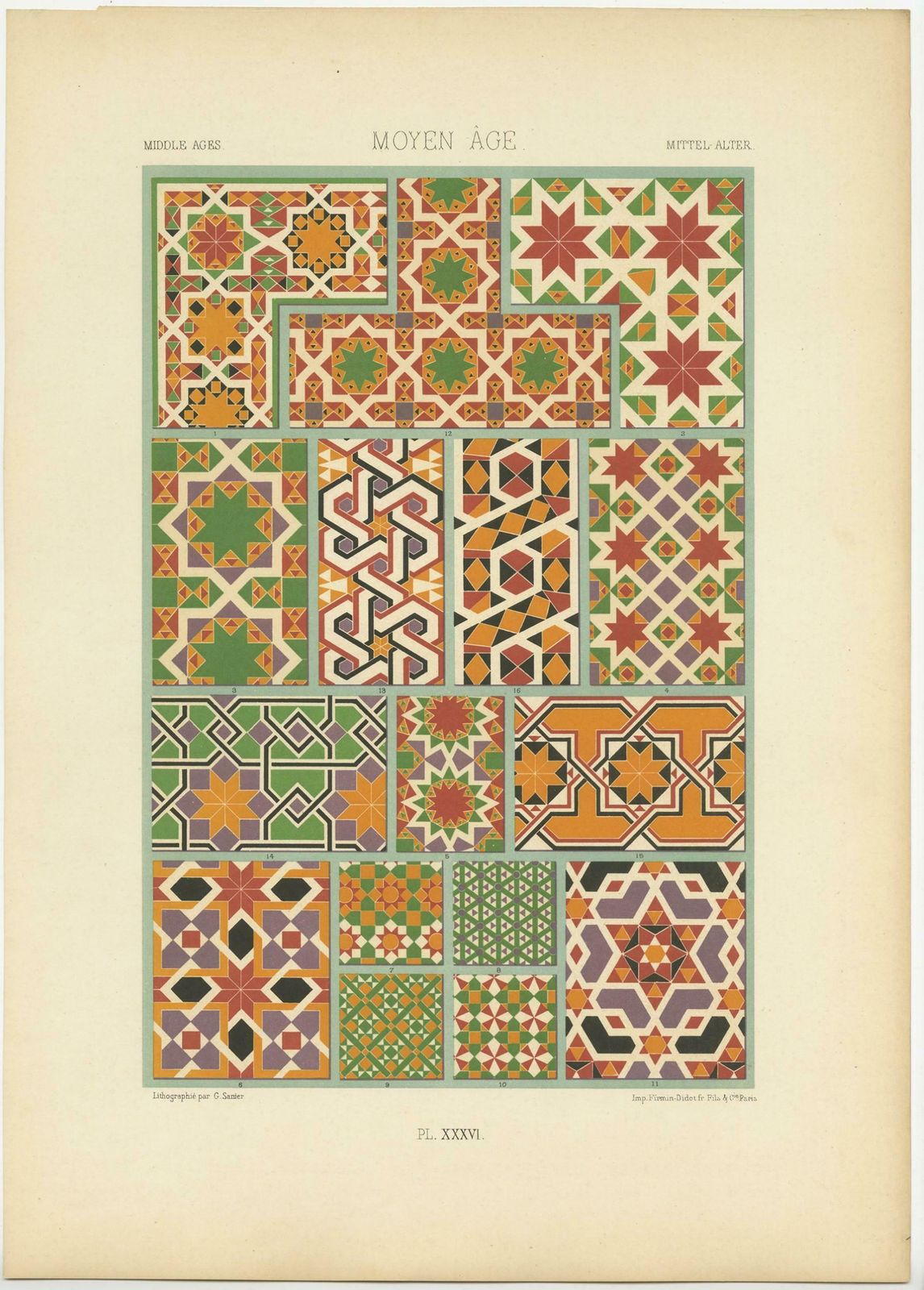 Pl. 36 Antique Print Of Middles Ages Ornaments By Racinet (C.1890) photo furniture