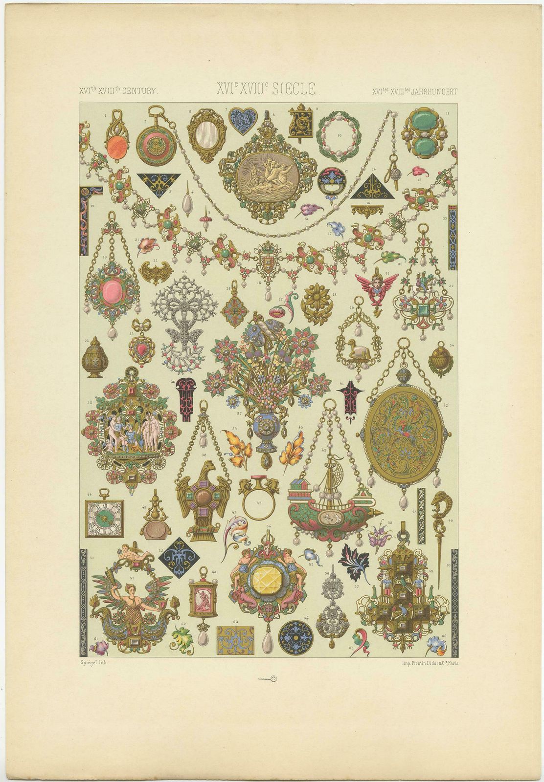 Pl. 102 Antique Print Of 16th Century 15th 18th Jewelry By Racinet, Circa 1890 photo furniture