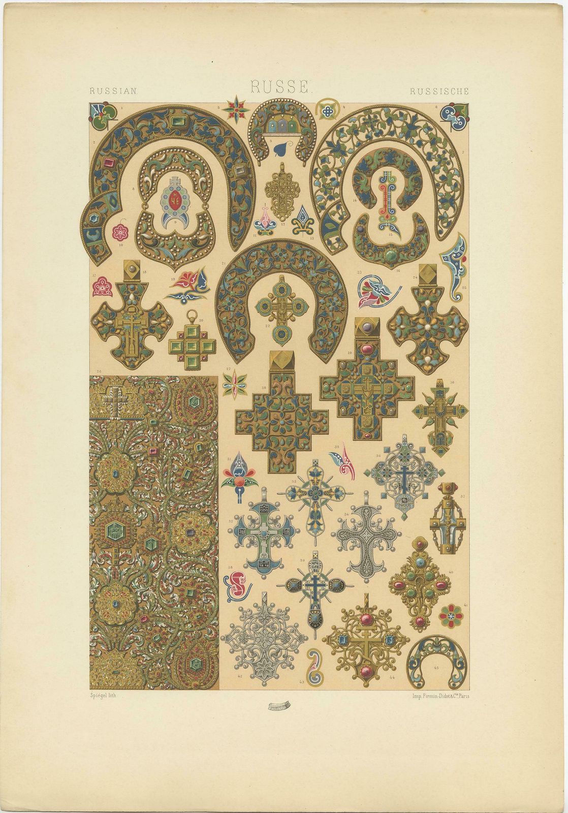 Pl. 63 Antique Print Of Russian Gold And Jewelry By Racinet, 'Circa 1890' photo furniture