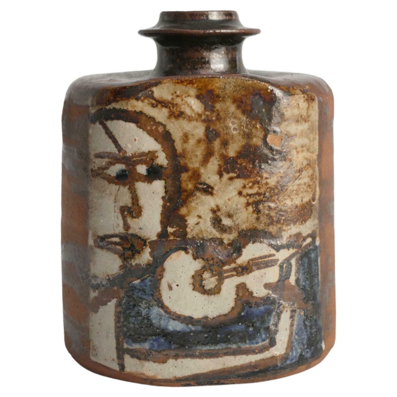 Ceramic Square Bottle Vase With Naive Style Motifs In Brown Glaze