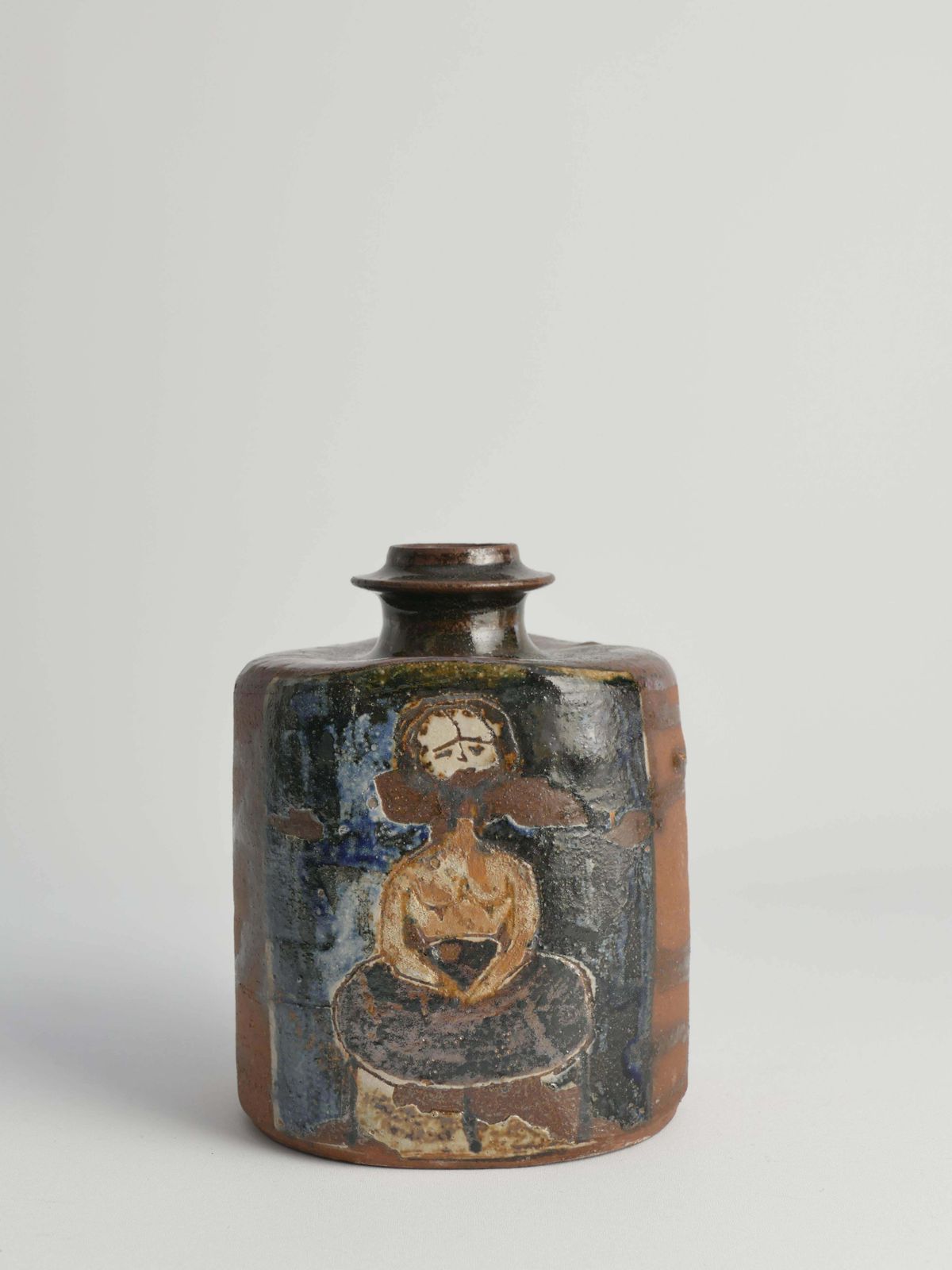 Ceramic Square Bottle Vase With Naive Style Motifs In Brown Glaze photo furniture