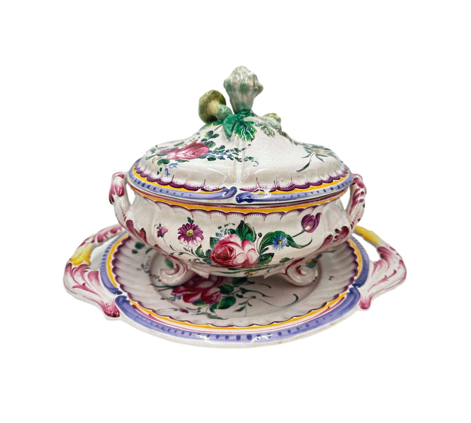 Antique French Hand Painted Pottery Covered Tureen With Plate By Niderviller Mushroom Cauliflower Handle