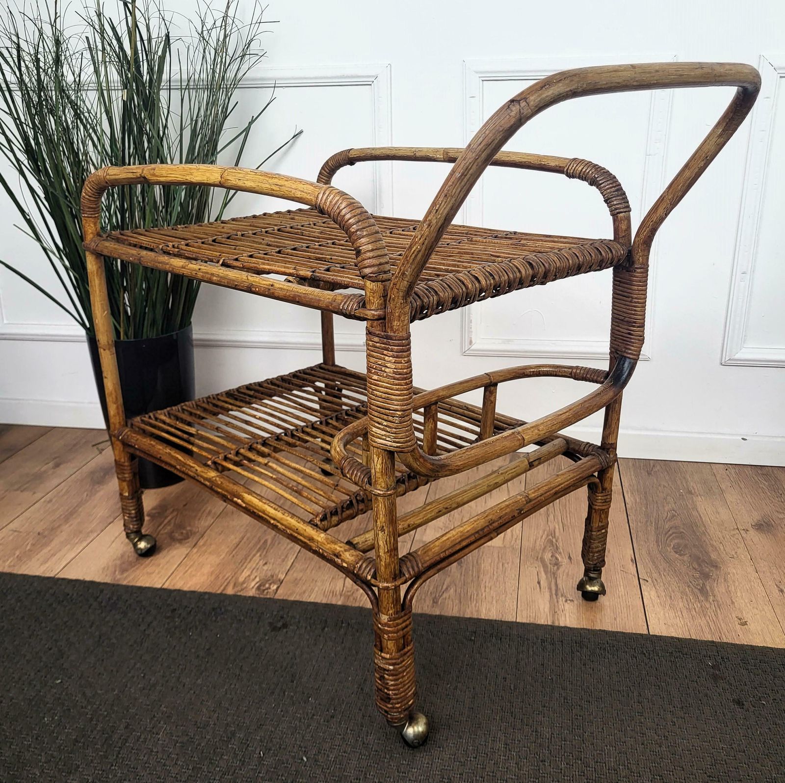 1970s Italian Bamboo Rattan Bohemian French Riviera Serving Bar Cart Cabinet photo buy