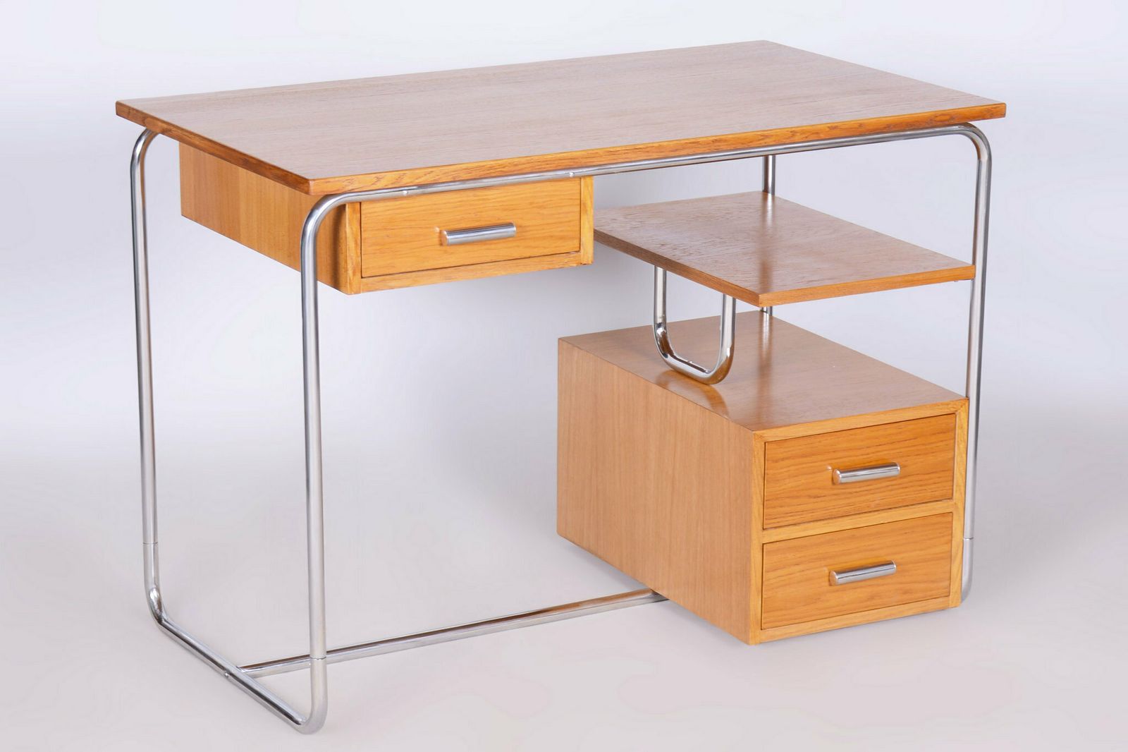 Restored Bauhaus Writing Desk, Oak, Chrome Plated Steel, Germany, 1930s photo vinterior