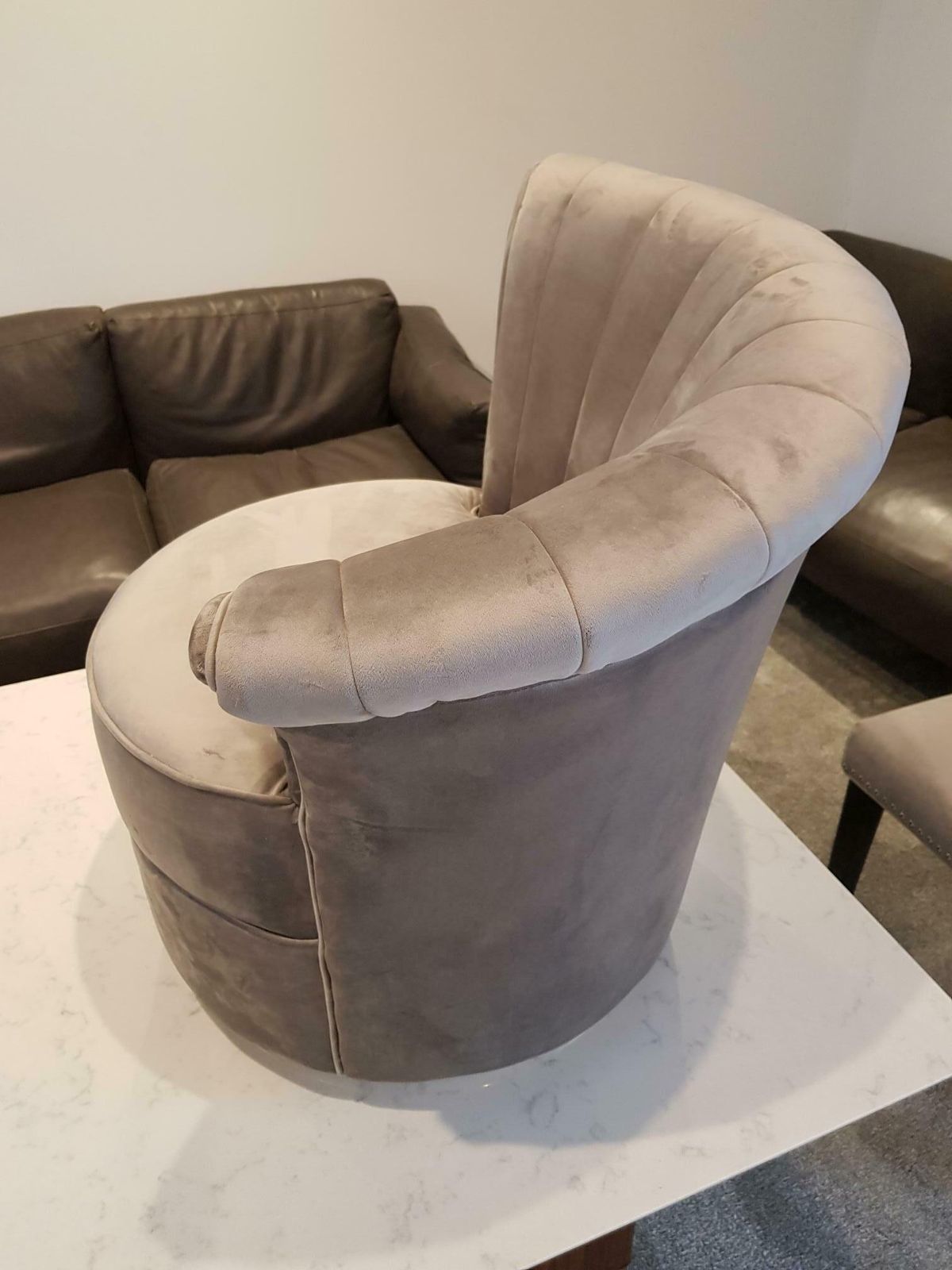 Fluted Back Lounge Dressing Room Chair Gold Swivel Base Grey Crushed Velvet photo for sale