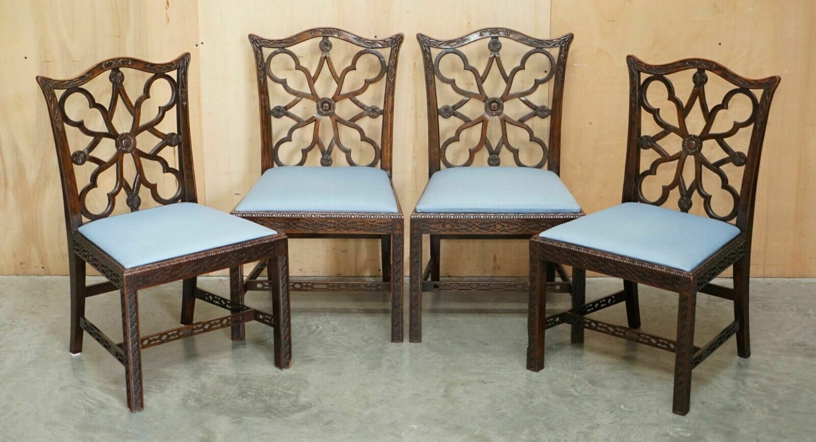 Four Antique Colonial Thomas Chippendale Rosewood Fret Work Carved Dining Chairs