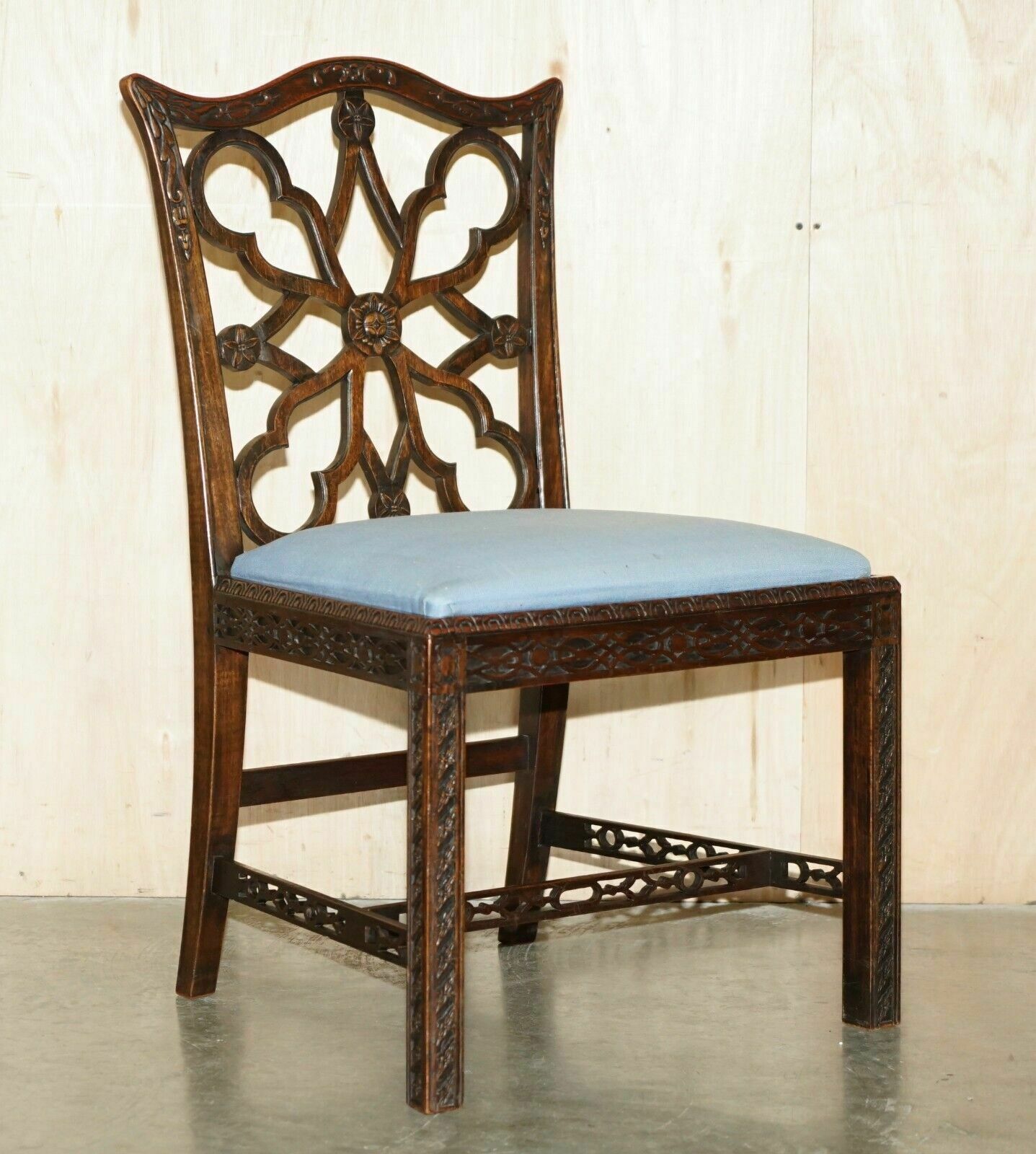 Four Antique Colonial Thomas Chippendale Rosewood Fret Work Carved Dining Chairs photo furniture